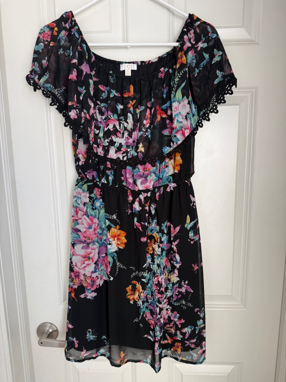 C Black Floral Off-Shoulder Midi Dress